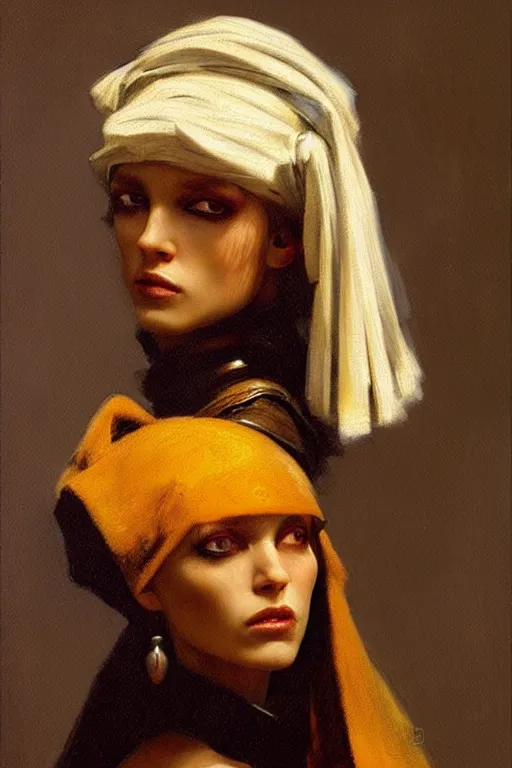 Image similar to character portrait cyberpunk warhammer 4 0 k, girl with the pearl earring character design, painting by gaston bussiere, katsuya terada, frank frazetta, tom of finland, trending on artstation