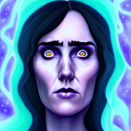 Image similar to in the style of Phil Noto, beautiful witch spooky female, Jennifer Connelly, blue and purple glowing hair, perfect eyes perfect symmetrical eyes, symmetrical face, dark forest background, painterly style