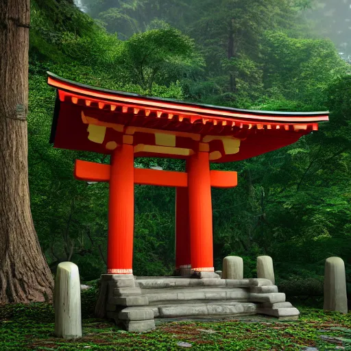 Image similar to an isometric 3 d render of a shinto shrine in the forest, isometric, octane render, unreal engine