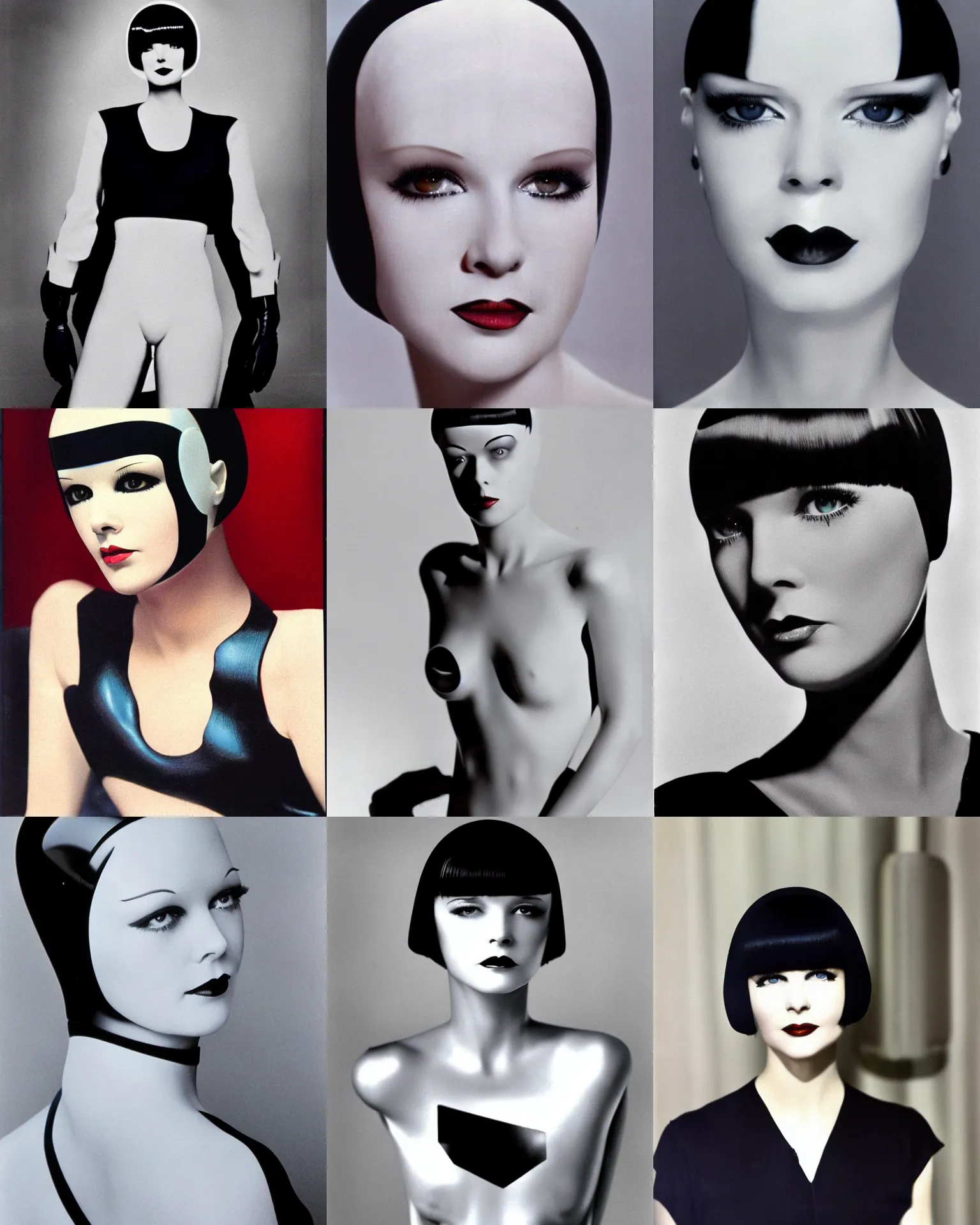 Prompt: mary louise brooks is half robot, chrome skin, 1 9 8 0 s airbrush, clean lines, futuristic