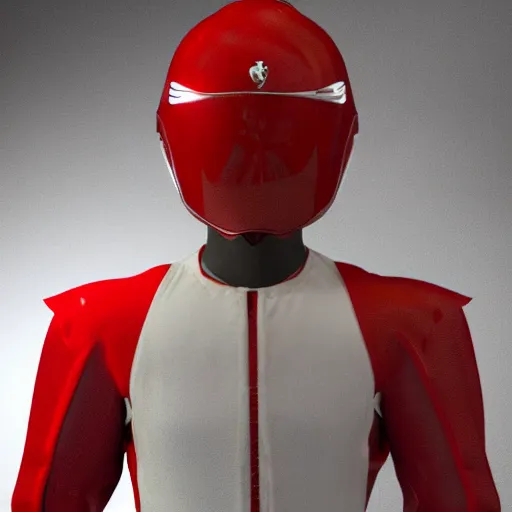 Image similar to Tokusatsu character based on Ferrari, red mechanical skinny body, chest plate with Ferrari logo, stylized motorcycle helmet, full body, unreal engine, 3D model