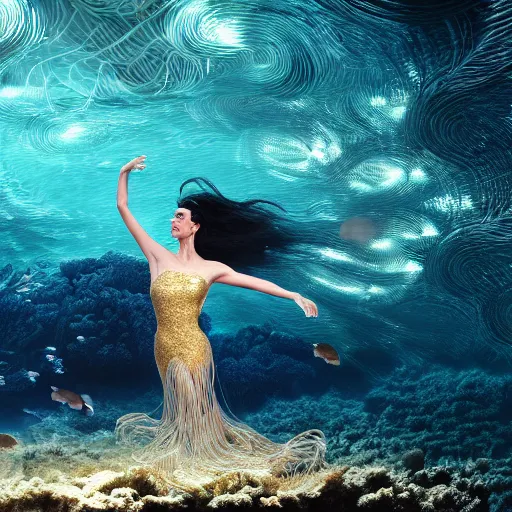 Image similar to jennifer connelly dancing underwater wearing a long flowing dress made of many layers of gold and silver wire, coral sea bottom, swirling schools of silver fish, swirling smoke shapes, octane render, caustics lighting from above, cinematic, hyperdetailed