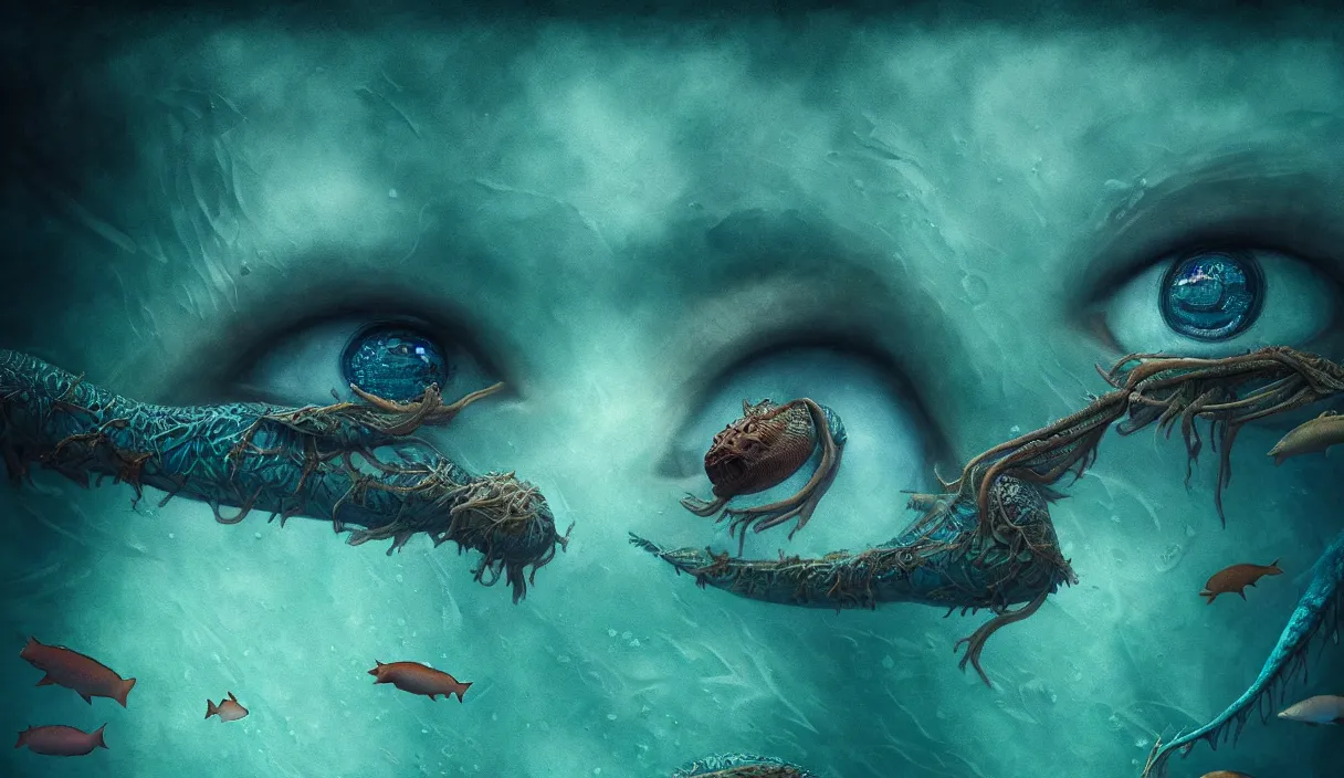 Image similar to epic professional digital art of hungry eyes, ambient teal light, painted, mysterious, closeup cinematic aquatic life scene, eerie, mythic, detailed, intricate, grand, leesha hannigan, wayne haag, reyna rochin, ignacio fernandez rios, mark ryden, van herpen, artstation, cgsociety, epic, stunning, gorgeous, wow wow detail