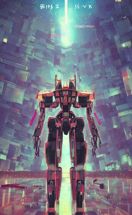 Image similar to movie poster of < 3 d huge mecha > with a < full mechanical guitar >, in the style of < neon genesis evangelion >, < full body robot >, 3 d anime, arcane style, retropunk, steampunk, high resolution, 4 k, retrofuturism, by ghibli and < simon stalenhag >