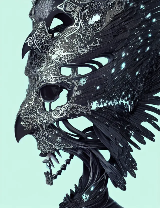 Image similar to 3 d goddess close - up profile portrait with raven skull. beautiful intricately detailed avante garde wolf mask and futurepunk outfit. neon moths, bio luminescent, frost, splash,, creature, artwork by tooth wu and wlop and beeple and greg rutkowski