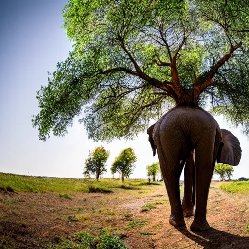 Prompt: trees growing from the spine of an elephant, wide angle photo, in the style of a nature documentary