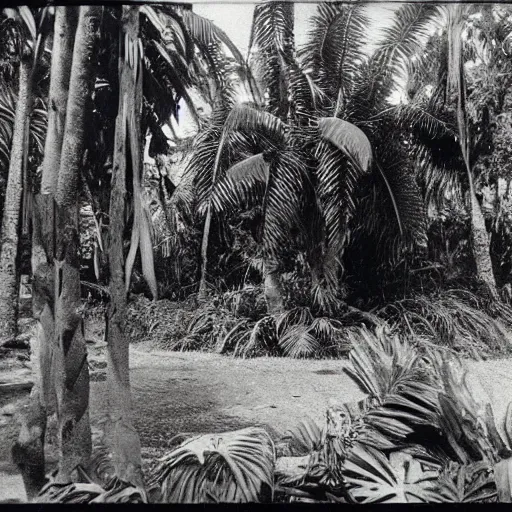 Prompt: lost film footage of a sacred artifact in the middle of the ( ( ( ( ( ( ( ( ( tropical jungle ) ) ) ) ) ) ) ) ) / ethnographic object / sacred / film still / cinematic / enhanced / 1 9 0 0 s / black and white / grain