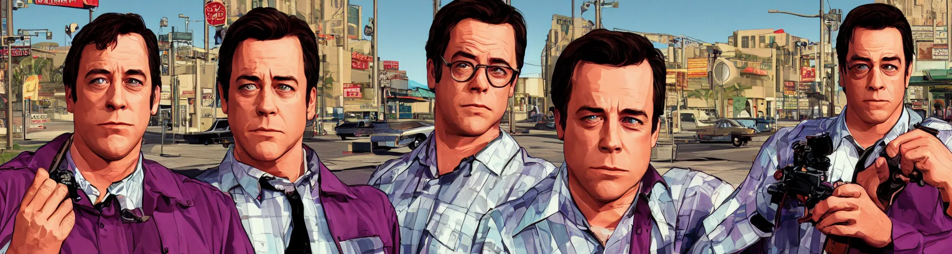 Image similar to GTA V illustration of 1980s Matthew Broderick on the cover of GTA V, outside of a 1980’s shopping mall