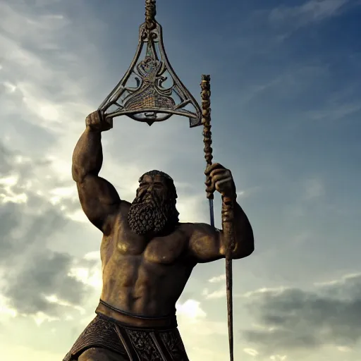 Image similar to a grand bronze statue of a burly muscular viking wielding a halberd, holding a hanging ancient scale balance in one outstretched hand, with a small building located on the scale balance, flowing hair and long robes, regal and menacing visage, built in a verdant field surrounded by ancient ruins, twilight sky, enhanced 4 k stylized digital art