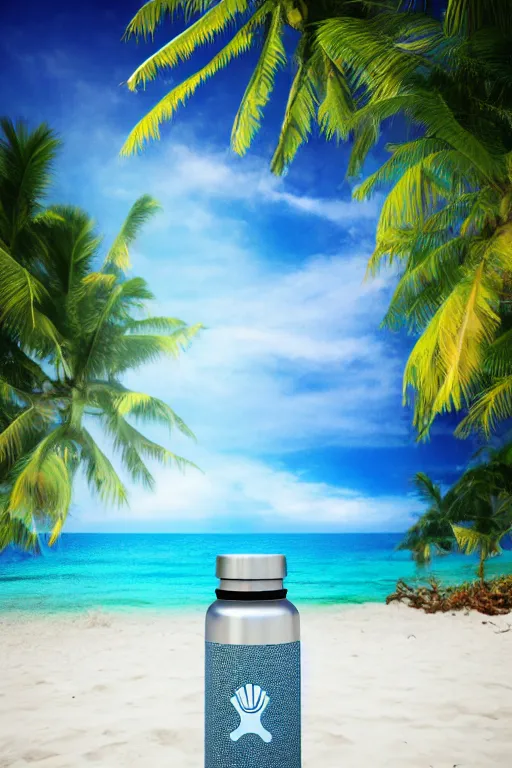 Prompt: a beautiful hydro flask sticker of a beach with coconut palms 8 k, frostbite 3 engine, cryengine, dof, trending on artstation, digital art, crepuscular ray