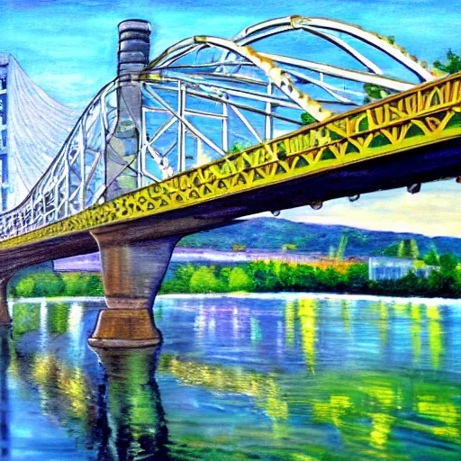 Prompt: chattanooga tennessee pic of walnut street bridge painting in style of herb ryman