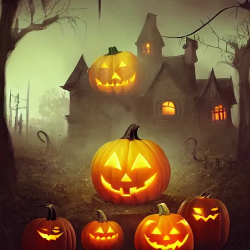 Image similar to a creepy and eery Halloween setting, with Jack o lanterns on the street and shadow figures lurking about, dynamic lighting, photorealistic fantasy concept art, stunning visuals, creative, cinematic, ultra detailed, trending on art station, spooky vibe