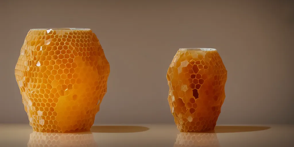 Image similar to real honeycomb vase with honey traditional design by tomas gabzdil libertiny, product design, film still from the movie directed by denis villeneuve with art direction by zdzisław beksinski, telephoto lens, shallow depth of field