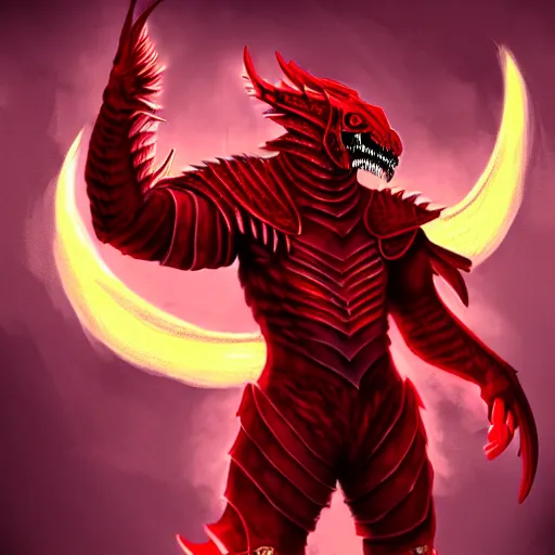Image similar to a dragonborn with red scales, large red wings, and a red tail with futuristic clothes, trending on art station