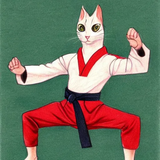 Image similar to drawing of a humanoid cat wearing a karate uniform in fighting pose