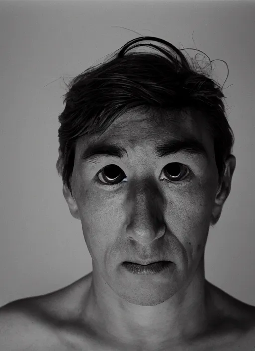 Image similar to studio portrait of a man who has many pairs of eyes all over, eyes on chin, eyes on forehead, eyes eyes eyes. dusk, sunset, film photo, rollei 3 5 camera, tri - x film