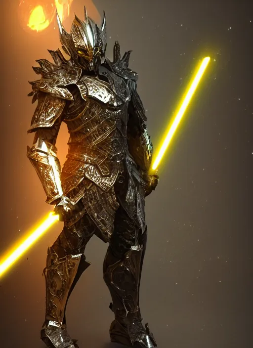 Image similar to a photorealistic 3D render of a full body dark side knight (as an archetypal DnD isekai Demon Lord) wearing armor made of gold and silver, inspired by Elden Ring, unreal engine, octane render, cinematic lighting, a sense of evil, hard surface character concept art, character design, hyper realism, high detail, depth of field, stunning cgsociety, HD, HDR, 4k