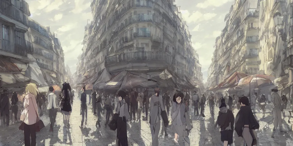 Prompt: gozilla walking through paris, by makoto shinkai an krenz cushart