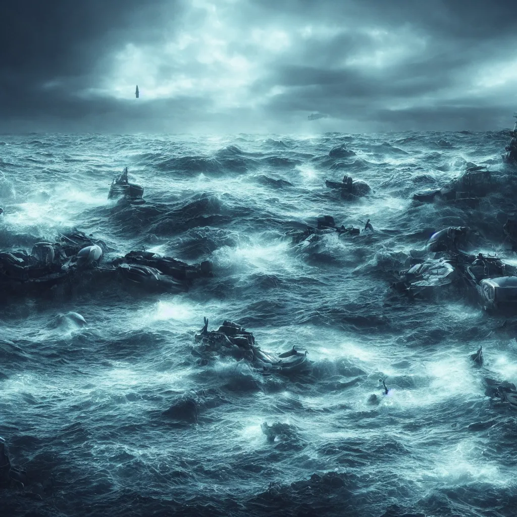 Prompt: post - apocalyptic ocean with mermaids, dark waves, gloomy sky with flying ufo ships, galactic alien war, hyper - realistic, photo render, sharp lines, detailed, octane render