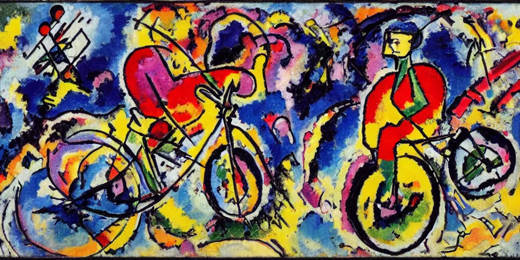 Image similar to a guy riding a bike, by kandinsky