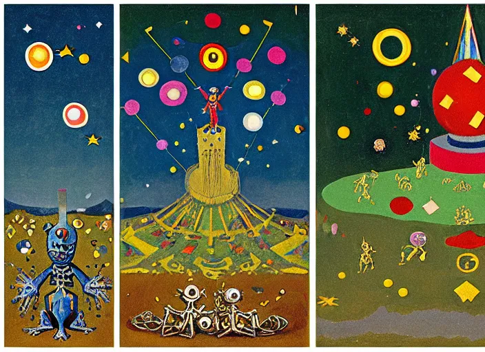 Image similar to pixel decollage painting tarot lovers card composition tower of babel road golden armour wonky alien frog and clown vampire maggot knight on a skeleton pale horse in a dark green cloudy night sky with golden foil jewish stars and diamonds, mountain lake and blossoming field in background, painted by Mark Rothko, Helen Frankenthaler, Danny Fox and Hilma af Klint, pixelated, neo expressionism, semi naive, pastel colors, cinematic, color field painting, cave painting, voxel, pop art look, outsider art, minimalistic. Bill Traylor painting, part by Philip Guston, Amano and Beksinski. art by Adrian Ghenie and Storm Thorgerson, very coherent symmetrical artwork, cinematic, hyper realism, high detail, octane render, unreal engine, Smooth gradients, depth of field, full body character drawing, extremely detailed, 8k, extreme detail, intricate detail, masterpiece