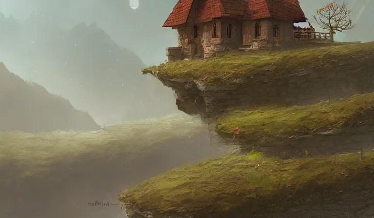 Prompt: A serene landscape with a singular building in the style of Marc Simonetti.