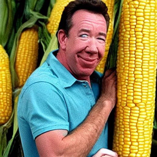 Prompt: tim allen crying at the sky for more corn