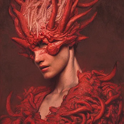 Image similar to a masterpiece! photographic portrait of a scarlet - colored beast with seven ( 7 ) heads and ten ( 1 0 ) horns by gustave dore and sam spratt and allen williams, trending on artstation, cgsociety, 8 k hd, earthtone colors, a cloaked woman riding the back of the beast