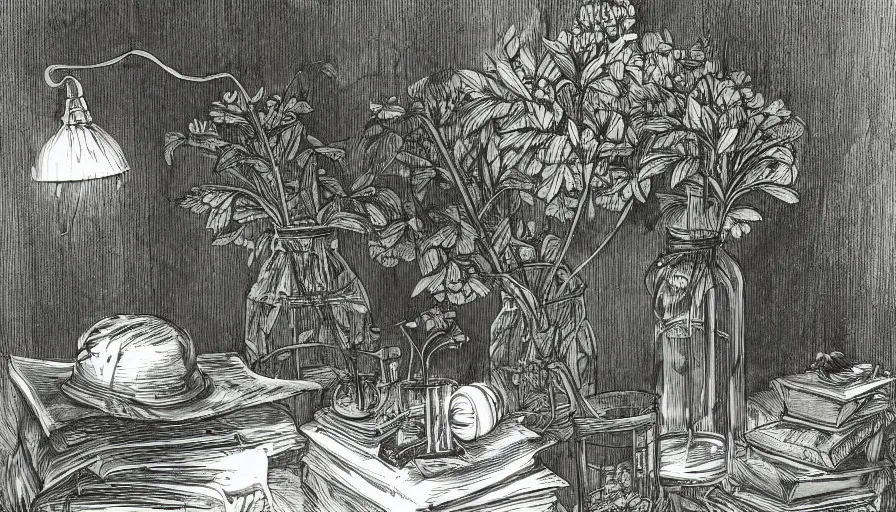 Prompt: plants and flowers immersed in glass bottles on table on witch's room, witch's hat, old books and dip pen, nostalgic, digital illustration, dramatic lighting, cinematic composition, concept art, detailed textures