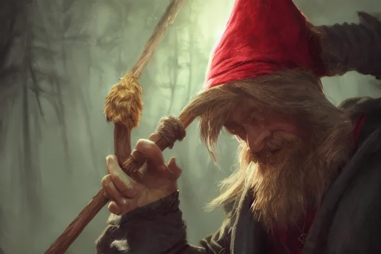 Image similar to realistic portrait of a red headed wild magic sorcerer dwarf wearing a wizard hat and holding a staff, 3d scene, render, ultra realistic, zenith view, Greg Rutkowski, artstation, cgsociety, level design, unreal engine, 3d scene, render, ultra realistic, zenith view, Enki Bilal style