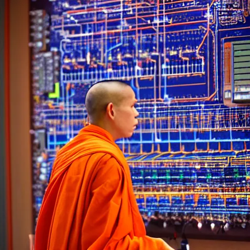 Image similar to techno monk in orange robes with wires and circuit boards coming out of his face