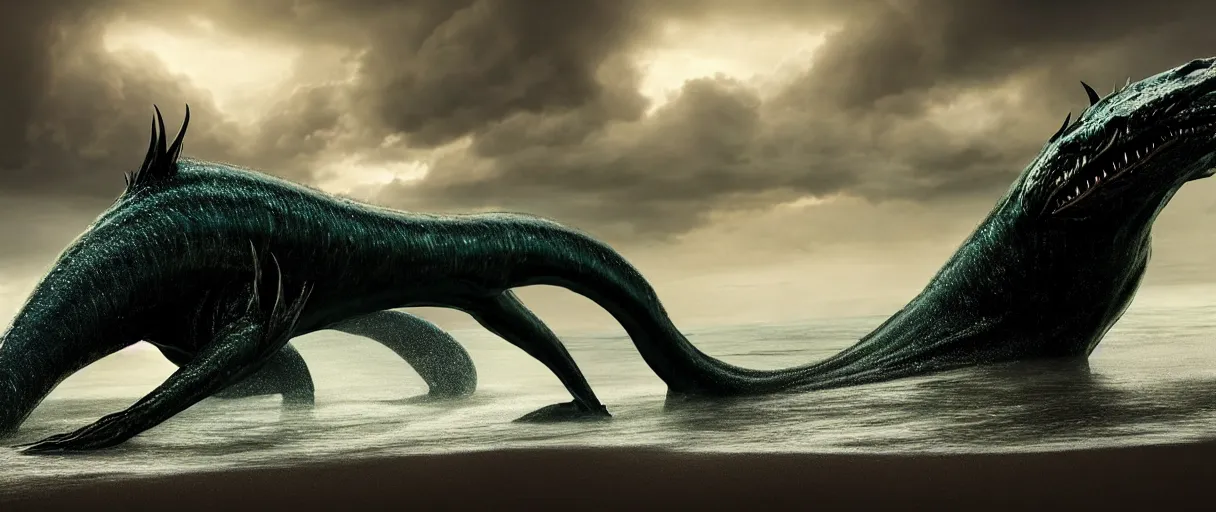 Image similar to a stunning cinematic extreme wide shot of an slick sleek smooth halitrephes maasi sea monster wearing clothes made of seaweed on a dark stormy beach, with huge luminous sad eyes, sharp claws, cgsociety, hd octane render, fantasy, artstation, deviantart, furaffinity, very very clean, super smooth, thunderclouds, thunderstorm