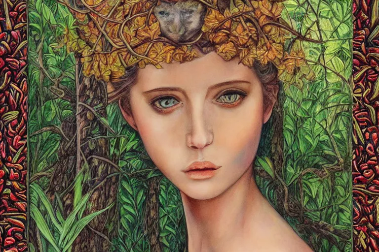 Image similar to a beautiful girl relaxing in the forest by amanda sage, portrait,