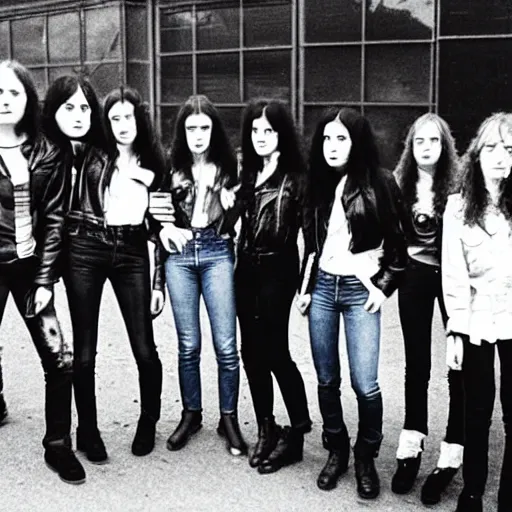 Prompt: group of 1 9 - year - old girls wearing black leather jackets and denim jeans, long wavy hair, as a giant blob mashed together like a transporter accident with arms and legs protruding at unnatural angles, proto - metal band promo, band promo, hard rock band, 1 9 7 0 photograph