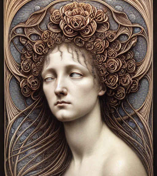 Prompt: detailed realistic beautiful rose goddess face portrait by jean delville, gustave dore, iris van herpen and marco mazzoni, art forms of nature by ernst haeckel, art nouveau, symbolist, visionary, gothic, neo - gothic, pre - raphaelite, fractal lace, intricate alien botanicals, ai biodiversity, surreality, hyperdetailed ultrasharp octane render