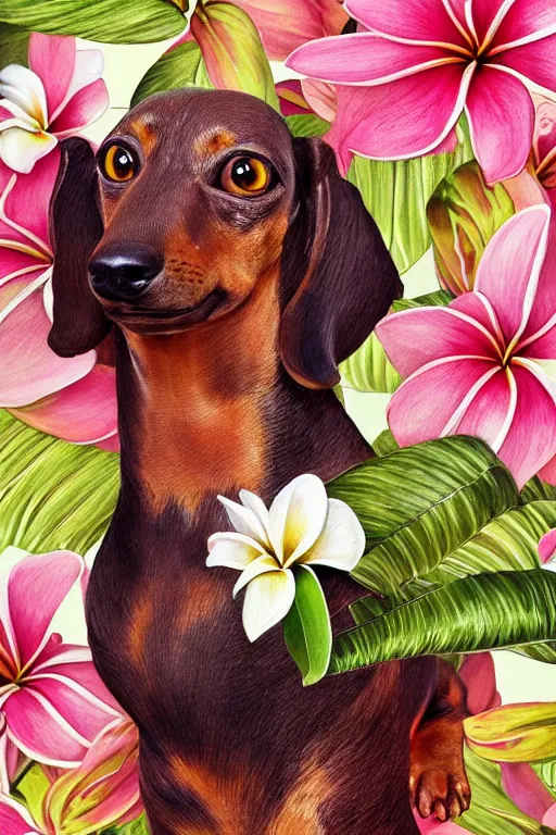 Prompt: ultra realistic illustration, portrait of a dachshund plumeria tropical bouquet background, close up shot, fantasy, intricate, elegant, highly detailed, digital painting, artstation, concept art, smooth, sharp focus, illustration, surrealism