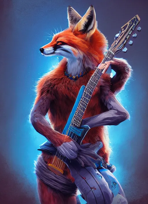 Image similar to An epic fantasy comic book style portrait painting of a fox plays a guitar on concert background, unreal 5, DAZ, hyperrealistic, octane render, cosplay, RPG portrait, dynamic lighting