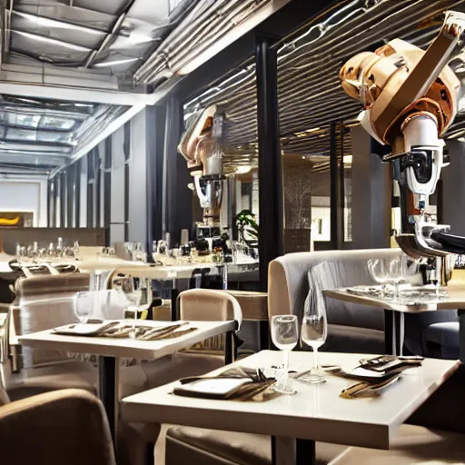 Image similar to kuka industrial robot arms around the dinner table of a fine dining restaurant with global illumination