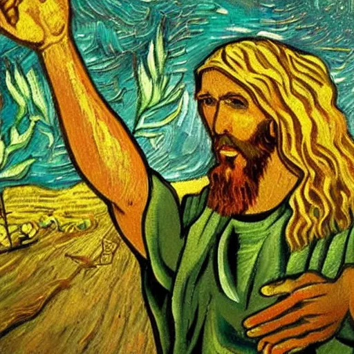 Image similar to jesus spreads his hands against the background of growing cannabis. an oil painting in the style of van gogh