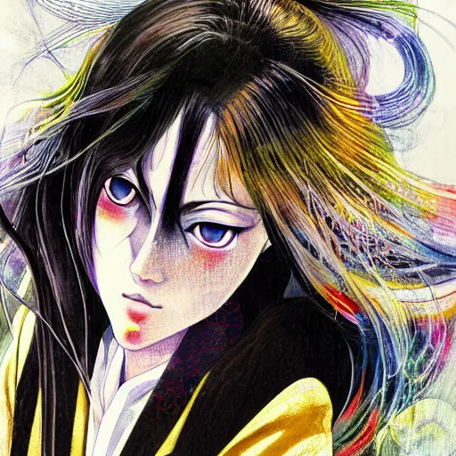Image similar to yoshitaka amano realistic illustration of an anime girl with black eyes and long wavy white hair wearing dress suit with tie and surrounded by abstract junji ito style patterns in the background, complementary colors, blurry and dreamy illustration, noisy film grain effect, highly detailed, oil painting with expressive brush strokes, weird portrait angle