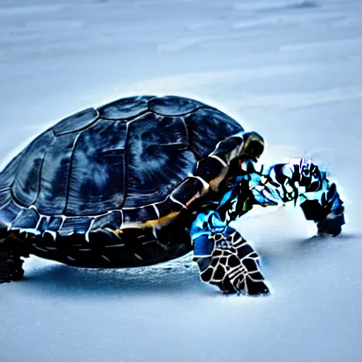 Prompt: a turtle with a black shell, walking on ice