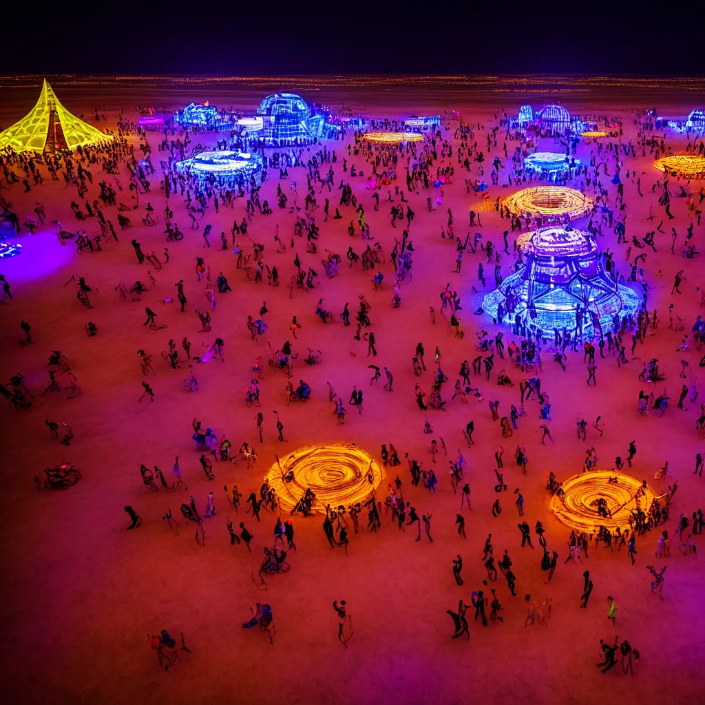 Image similar to dancefloor kismet, revellers, front left speaker, burningman, night, the australian desert, zaha hadid, xf iq 4, 1 5 0 mp, 5 0 mm, f 1. 4, iso 2 0 0, 1 / 1 6 0 s, dawn, golden ratio, rule of thirds