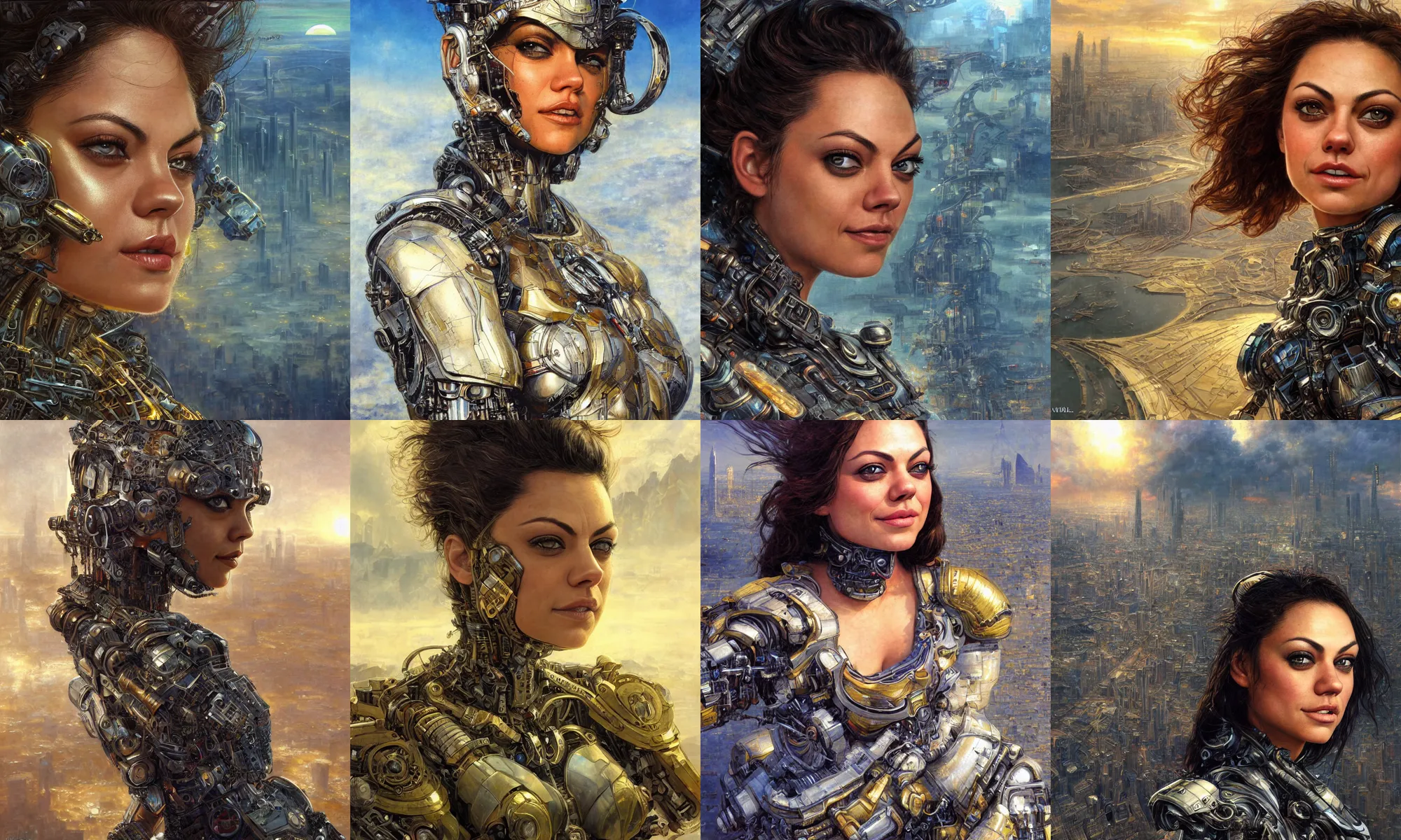 Image similar to close - up portrait of epic mila kunis smiling into camera, intricate cyborg armor, vista of futuristic city, windy, golden hour, wlop, by gerald brom, by mikhail vrubel, by peter elson, muted colors, extreme detail, trending on artstation