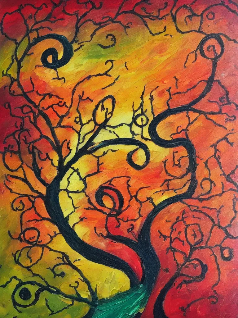 Prompt: an oil painting of an acorn that turns into a tree in the shape of a treble clef with a few scars on the tree, bursts of color, inspire and overcome