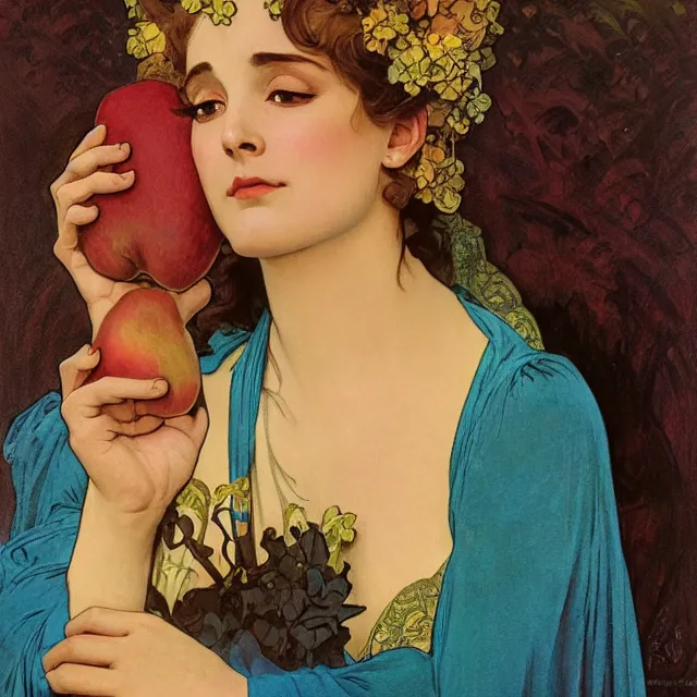 Image similar to an aesthetic! detailed close - up portrait of an aesthetic woman crying mournfully while holding an apple, by frank frazetta and alphonse mucha, oil on canvas, bright colors, art nouveau, epic composition, dungeons and dragons fantasy art, hd, god - rays, ray - tracing, crisp contour - lines, huhd - 8 k