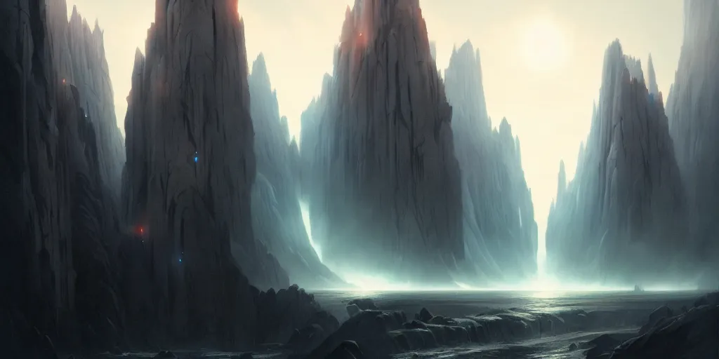 Prompt: the gates of argonath, dramatic lighting, colossal statues, by greg rutkowski, artgerm, ross tran, conrad roset, takato yomamoto. 4 k, beautiful, cinematic dramatic atmosphere