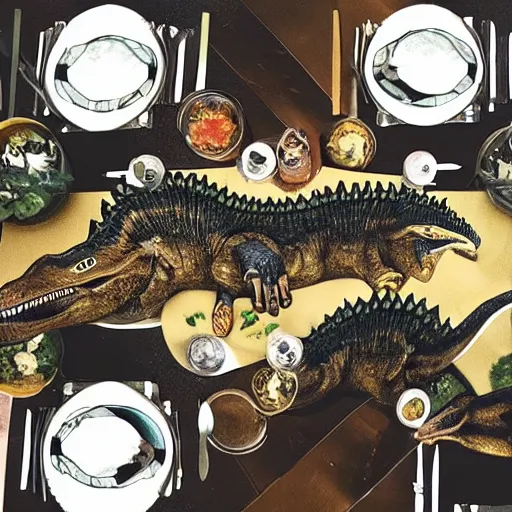 Image similar to dinosaurs dinning at a fancy restaurant