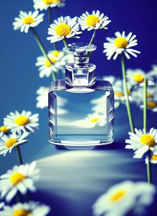 Image similar to perfume bottle standing in the center of an enchanted smokey cloud puff made of daisies, blurred background contoured smooth fair walls, up close shot, sharp focus, global illumination, radiant light, alexandre ferra, irakli nadar, octane highly render, 4 k, ultra hd,