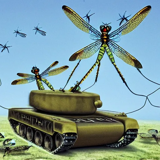 Image similar to a horde of dragonflies using cables to lift a tank, fantasy