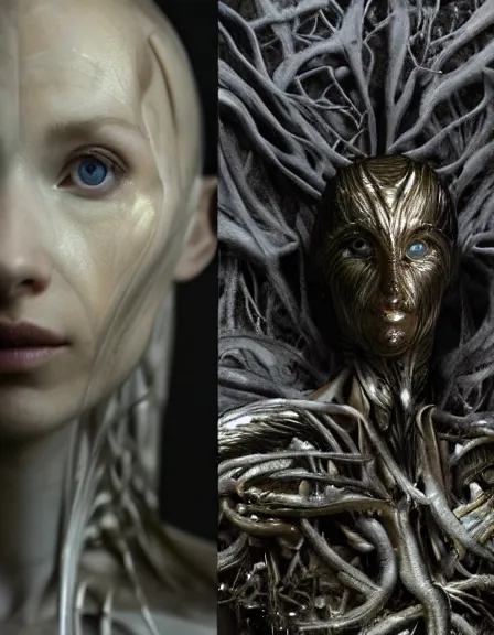 Image similar to still frame from Prometheus movie by Makoto Aida, biomechanical dryad by Iris van Herpen painted by Caravaggio and by Yoshitaka Amano by Yumihiko Amano by Makoto Aida